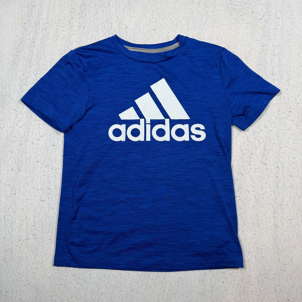 Adidas Boys Blue Climalite Graphic T-Shirt Short Sleeve Size S 8 Logo Tee